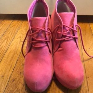 Pink lace up Wedge Booties